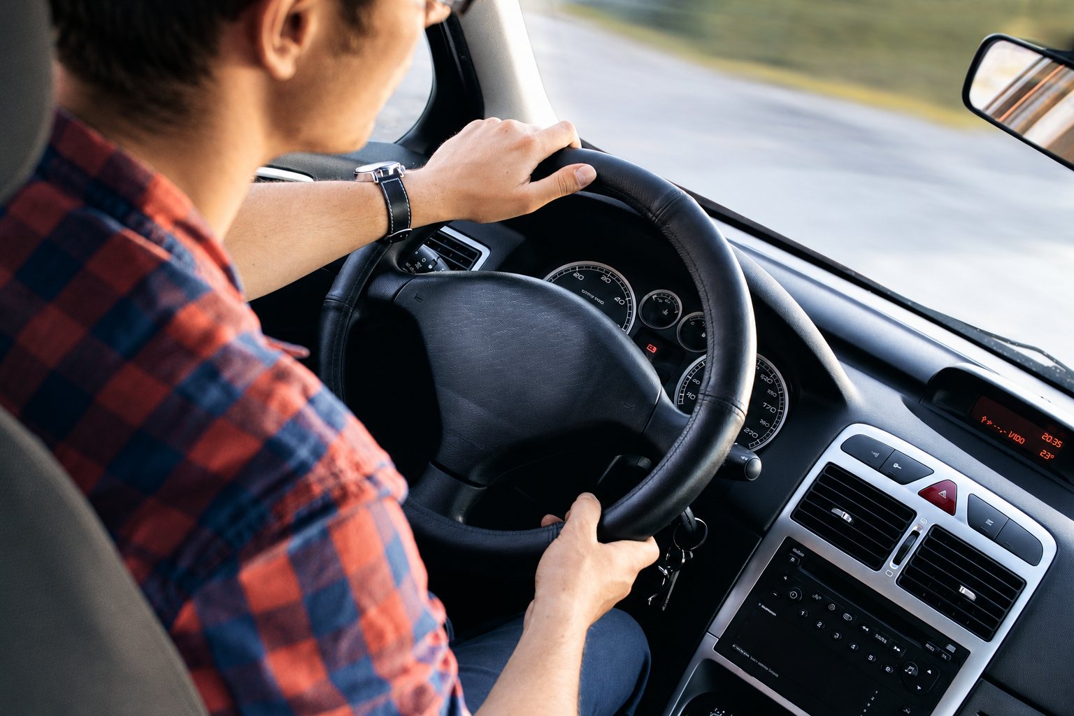 Un homme en chemise à carreaux rouge et bleue conduit une voiture, les deux mains sur le volant, vu depuis l'arrière de son épaule.